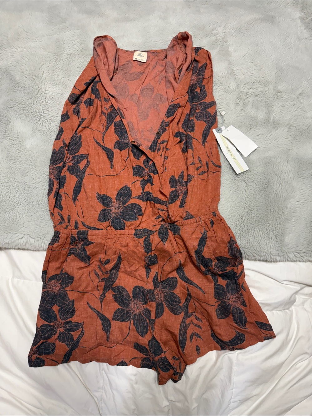 O'Neill Rust Floral Sleeveless Romper Dress with Navy Print